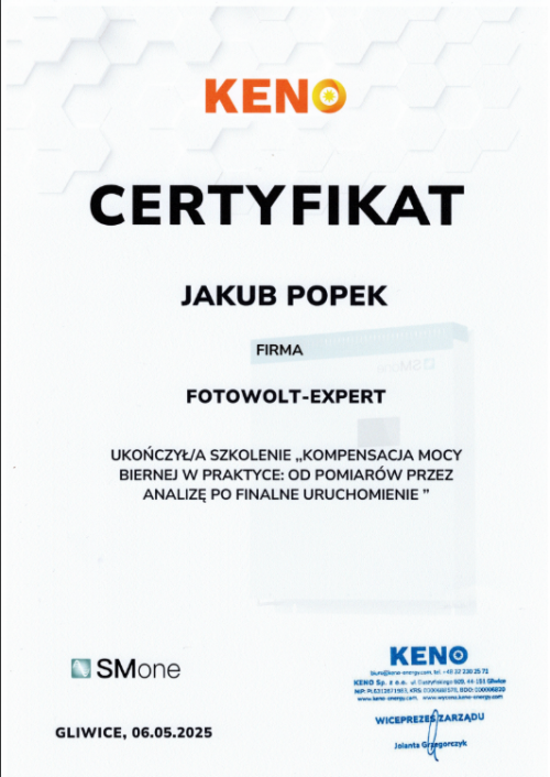 fotowolt-expert -certyfikat KENO - kompensacja mocy biernej